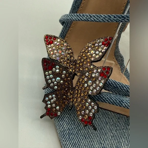 Steve Madden Uma/Uma Denim Butterfly Rhinestone Stiletto Heels Embellished Ankle - Picture 7 of 17